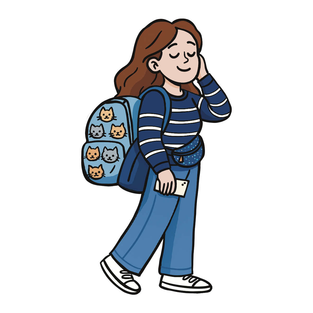 Illustration of me walking with a sticker-covered backpack and fanny pack
